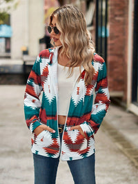 Geometric Zip Up Long Sleeve Hooded Jacket Trandify Deal