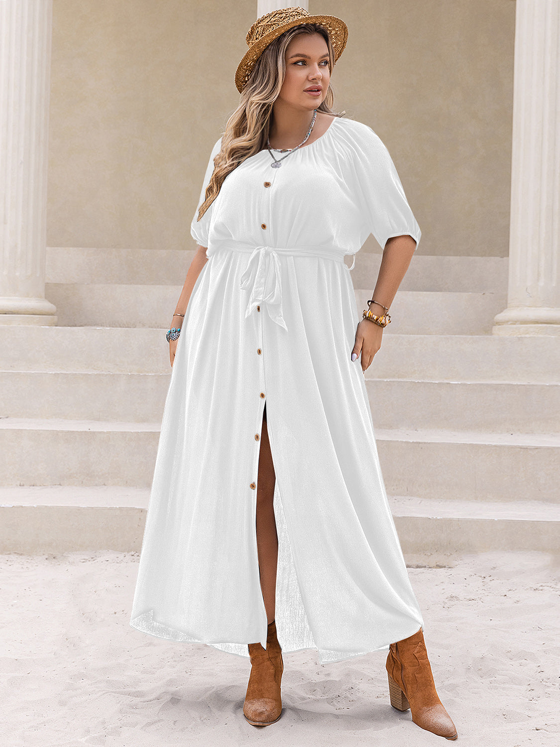 Plus Size Round Neck Half Sleeve Dress Trandify deal