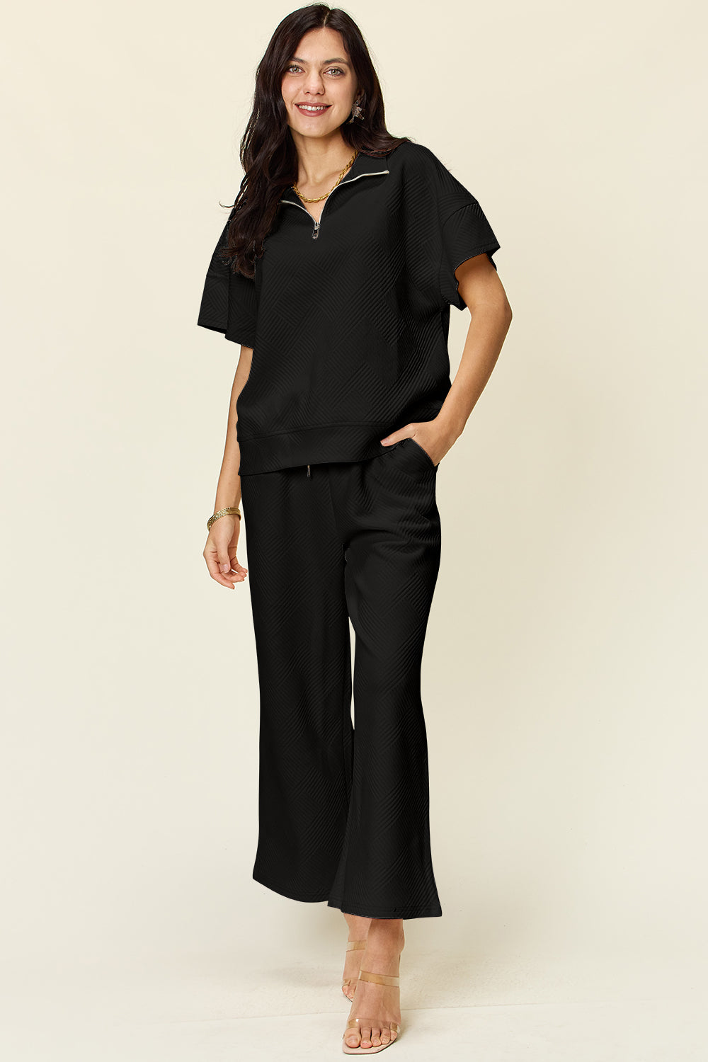 Double Take Full Size Texture Half Zip Short Sleeve Top and Pants Set - Trandify Deal