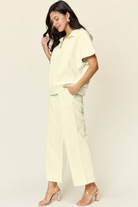 Double Take Full Size Texture Half Zip Short Sleeve Top and Pants Set - Trandify Deal