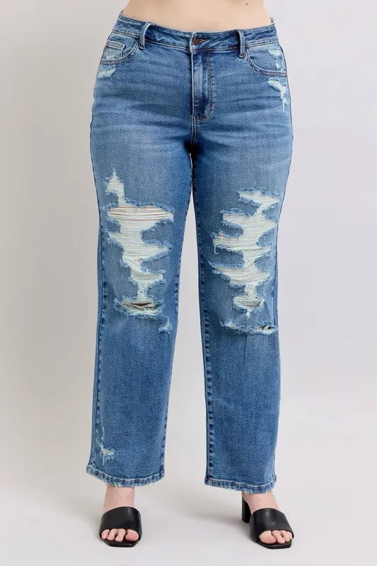 Judy Blue Destroyed Straight Leg Jeans high waist style