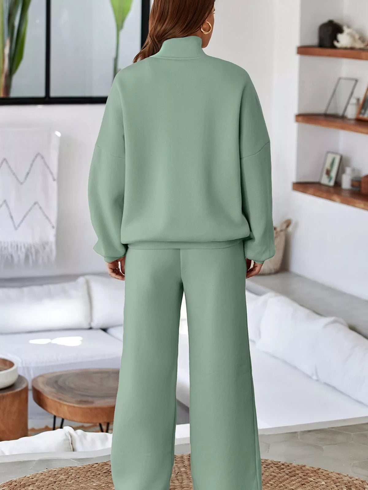 Women's Zip Up Jogger Set in Sage on model showing pockets