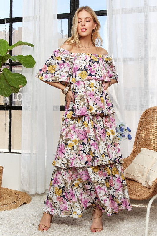 ADORA Layered Floral Off-Shoulder Short Sleeve Maxi Dress Trandify Deal