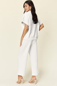 Double Take Full Size Texture Half Zip Short Sleeve Top and Pants Set - Trandify Deal