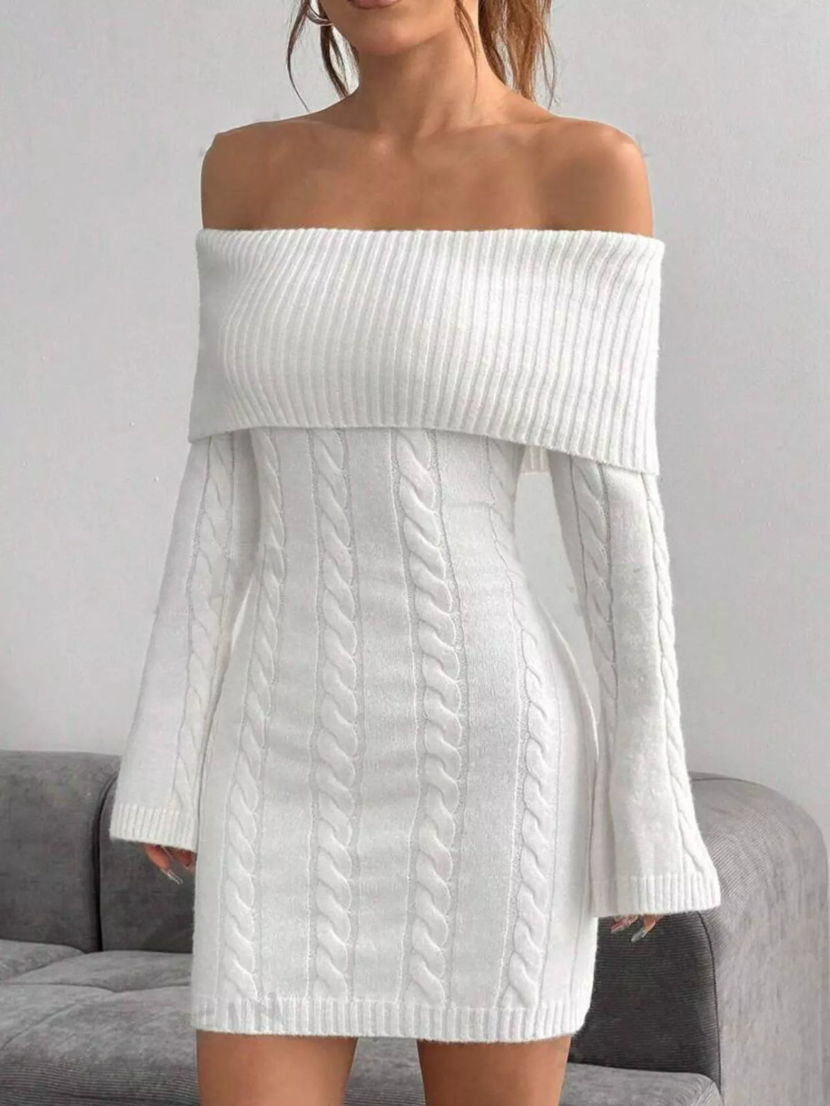 Off-Shoulder Cable Knit Sweater Dress