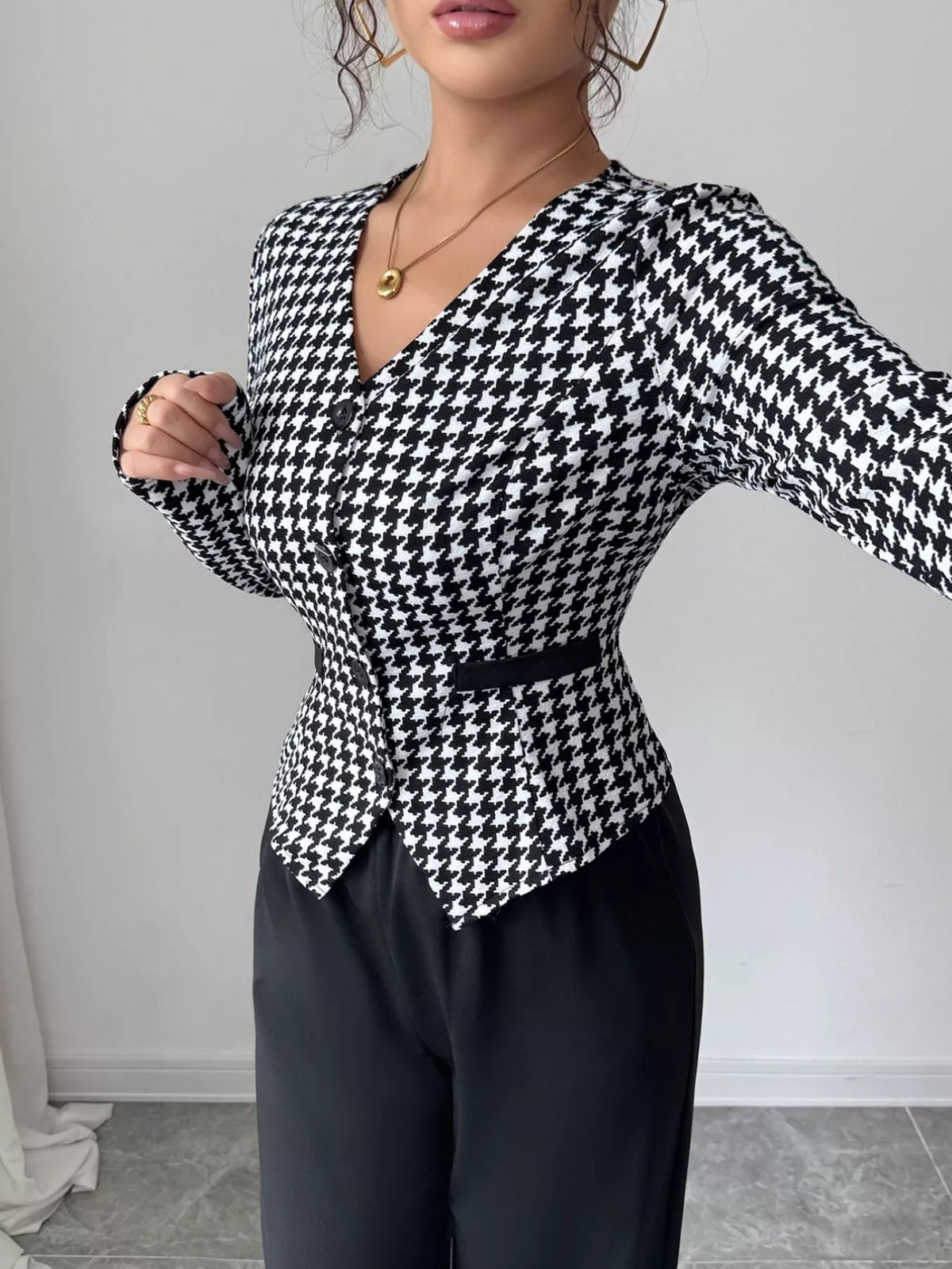 Women's Houndstooth Blazer & Wide Leg Pants Set