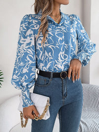 Printed Collared Neck Lantern Sleeve Shirt Trandify deal