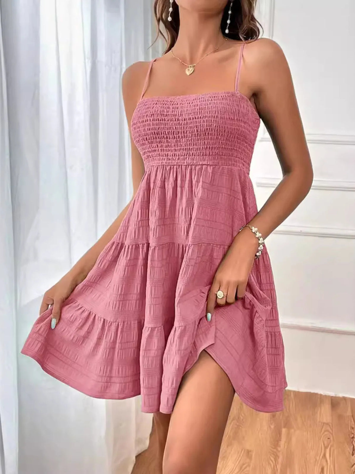 Women’s Sleeveless Tiered Dress – Lightweight Casual Smocked Cami Dress for Beach & Vacations