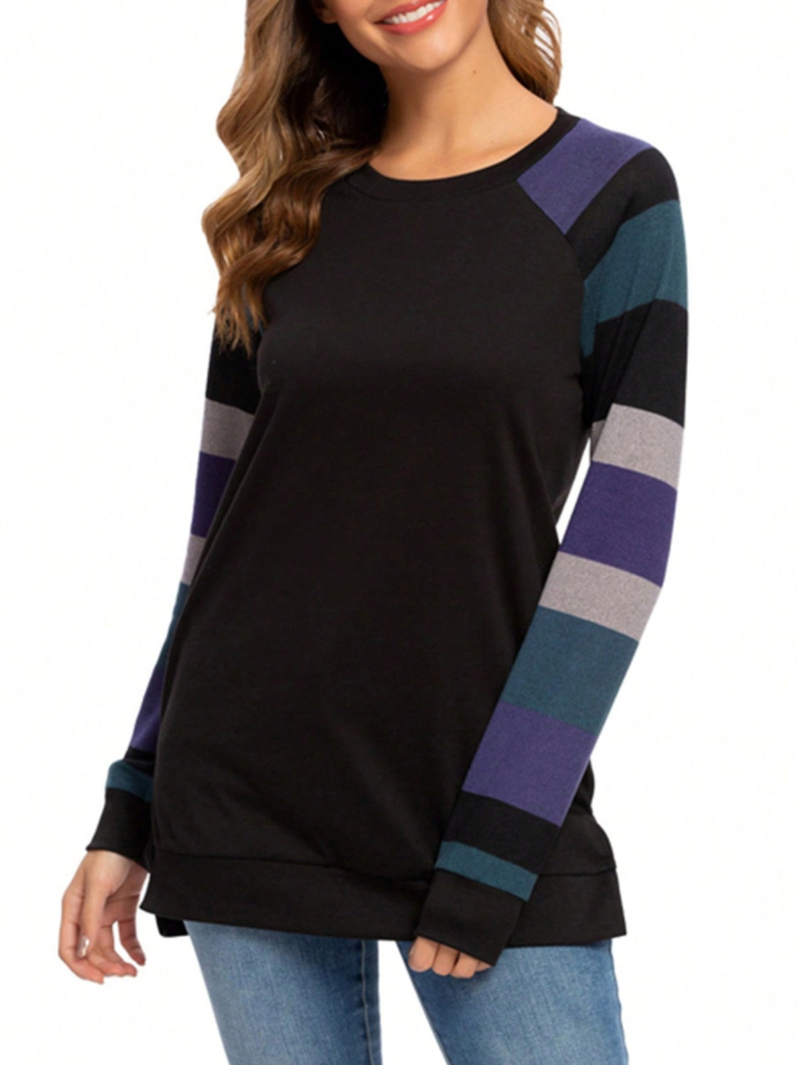 Color Block Round Neck Long Sleeve T-Shirt Trandify Deal