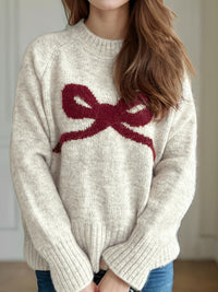 Bow Round Neck Long Sleeve Sweater Trandify Deal