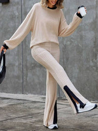Contrast Round Neck Long Sleeve Top and Bootcut Pants Set Trandify Deal