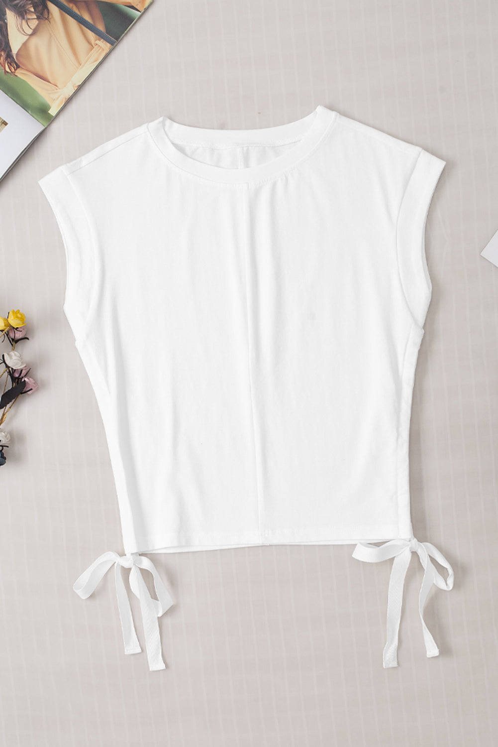 Drawstring Round Neck Cap Sleeve Blouse Trandify deal