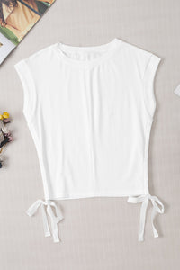 Drawstring Round Neck Cap Sleeve Blouse Trandify deal
