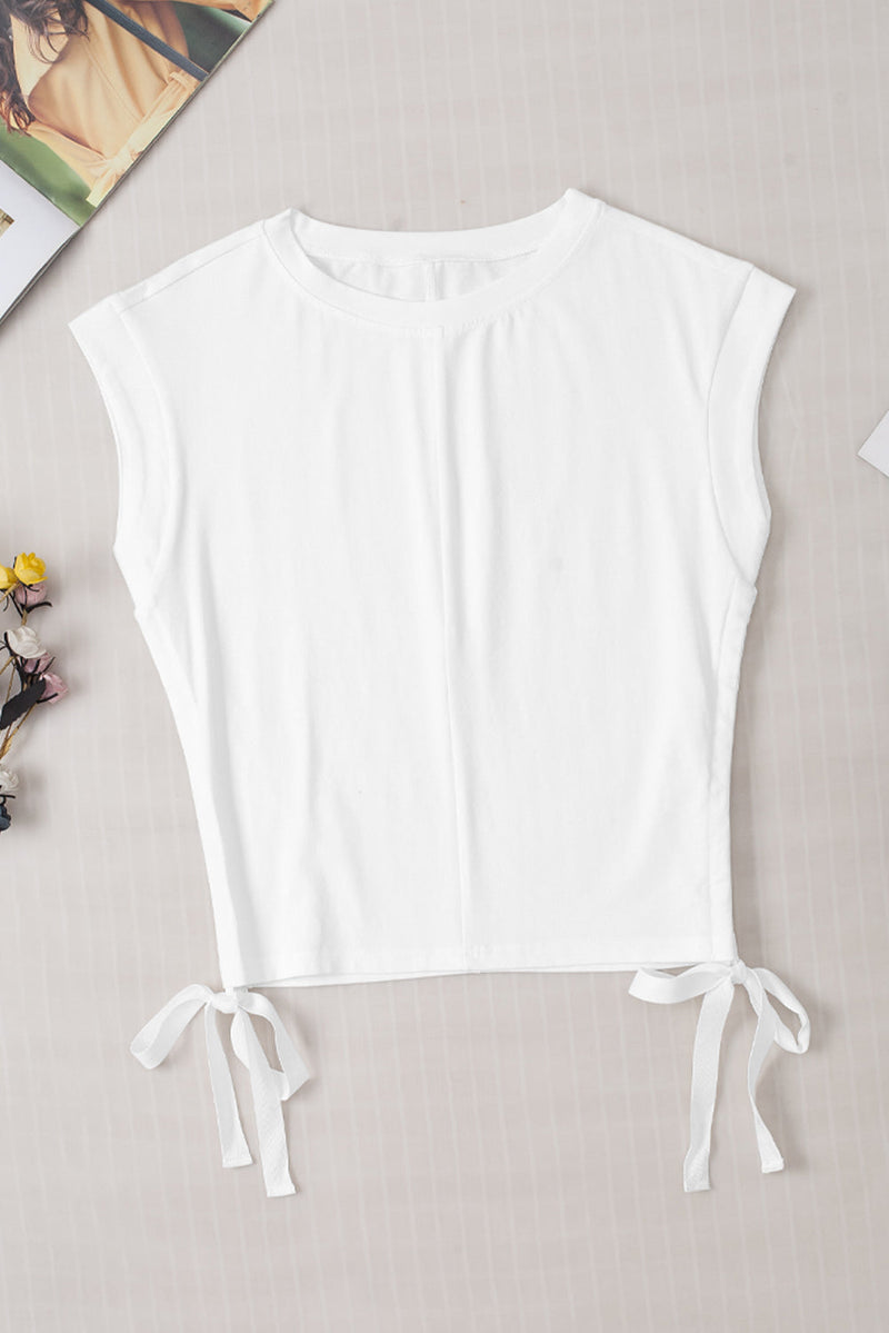 Drawstring Round Neck Cap Sleeve Blouse Trandify deal