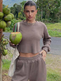Waffle-Knit Round Neck Top and Pants Set Trandify deal
