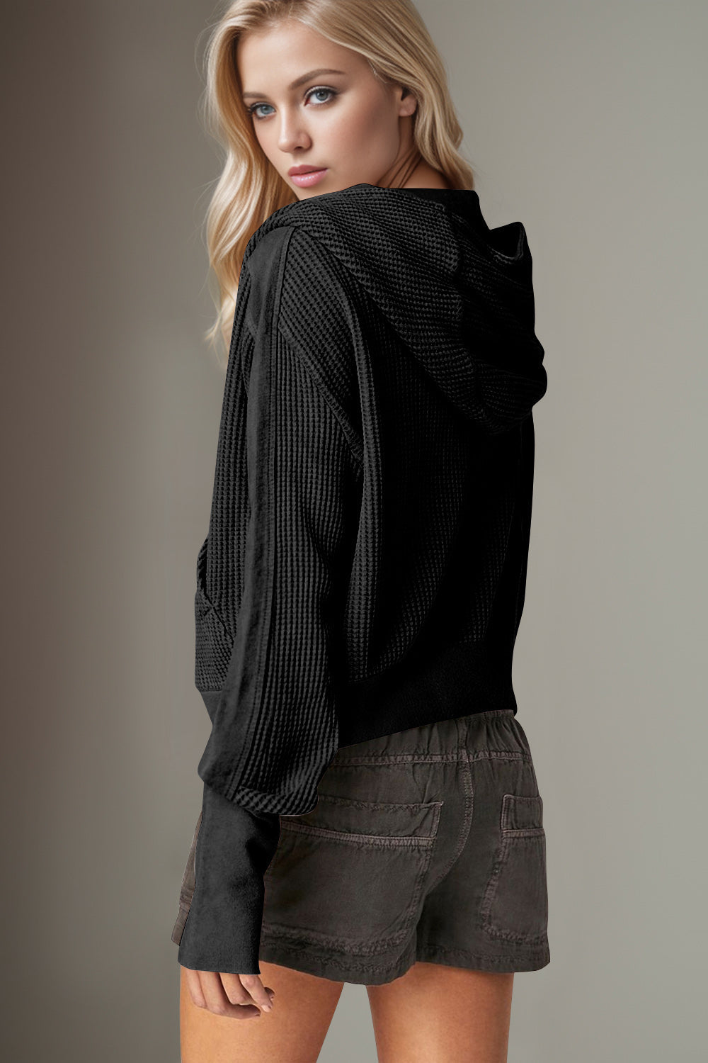 Double Take Waffle-Knit Zip Up Long Sleeve Hooded Jacket Trandify Deal