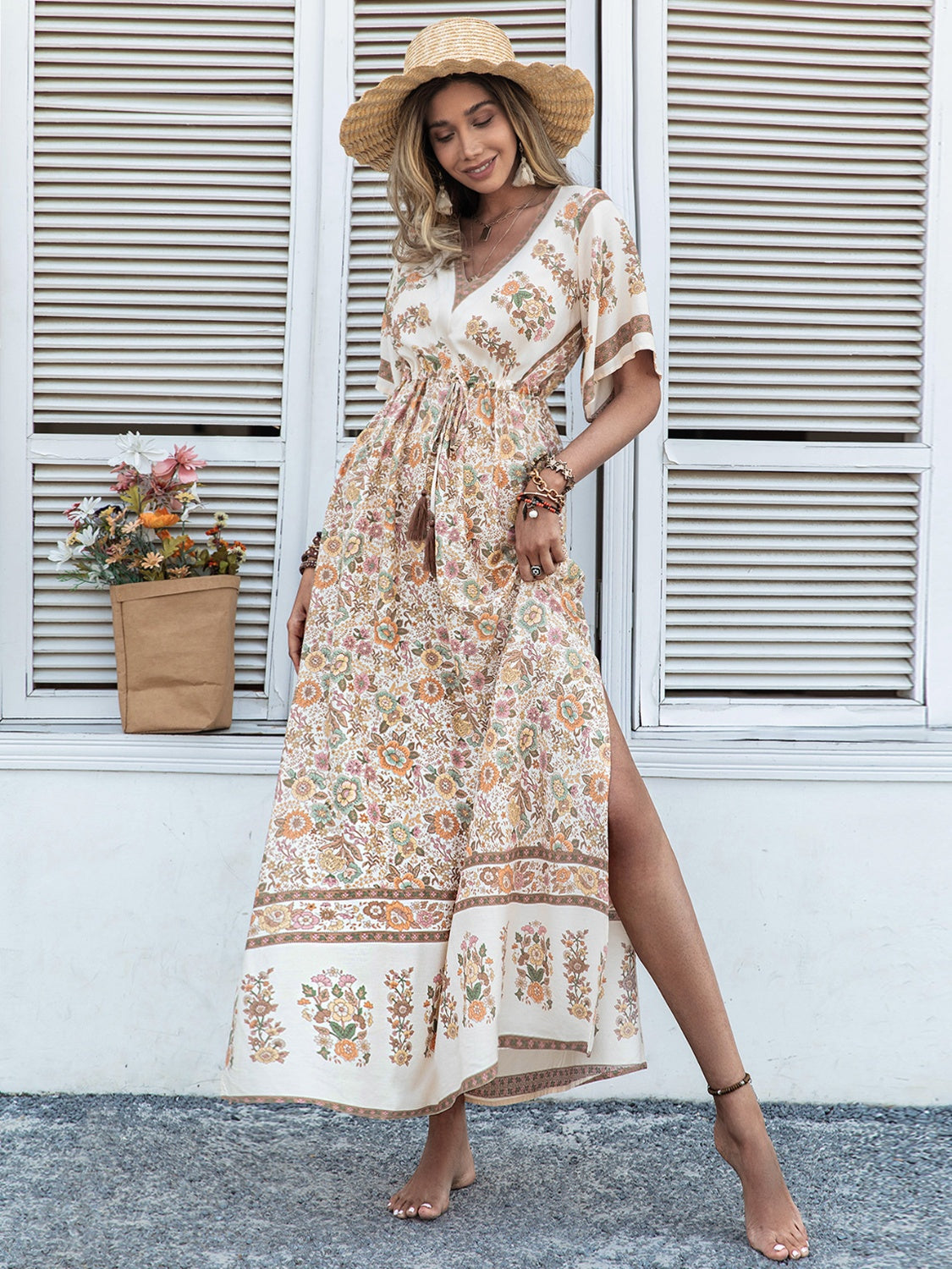 Drawstring Printed Plunge Half Sleeve Dress Trandify Deal