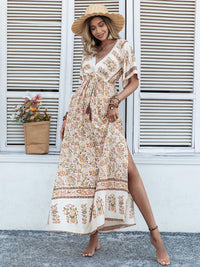 Drawstring Printed Plunge Half Sleeve Dress Trandify Deal