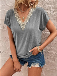 Full Size Lace Detail V-Neck Short Sleeve T-Shirt Trandify deal