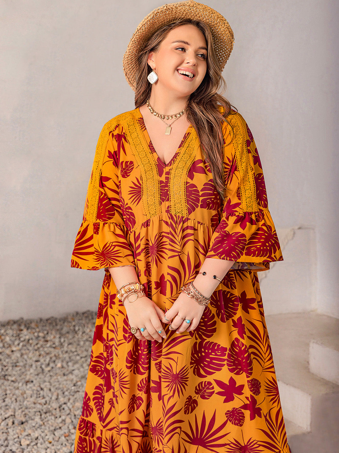 Plus Size Lace Detail Printed V-Neck Maxi Dress Trandify Deal