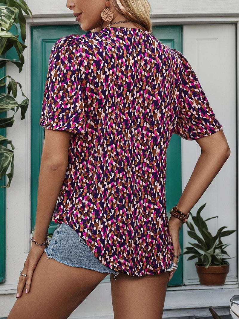 Perfee Printed Notched Flutter Sleeve Blouse Trandify deal
