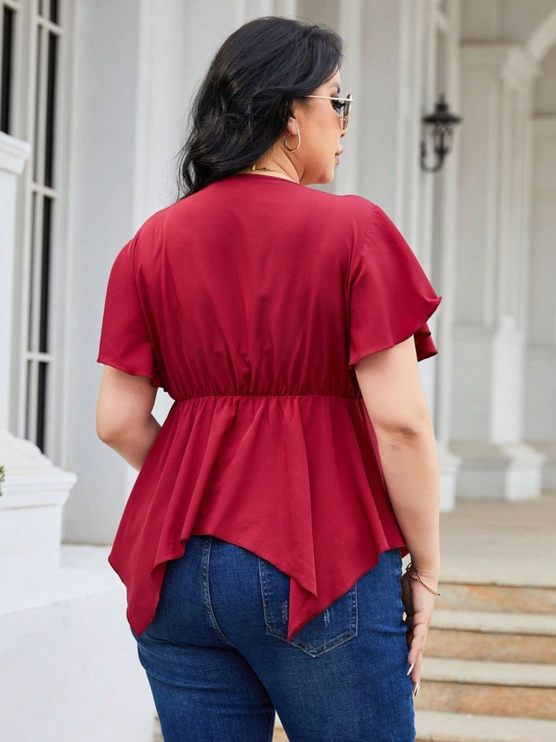 Plus Size Frill Surplice Flutter Sleeve Blouse Trandify deal