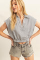 Striped Elastic Hem Blouse with Johnny collar and cap sleeves on a mannequin.