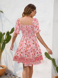Printed Square Neck Short Sleeve Dress Trandify deal