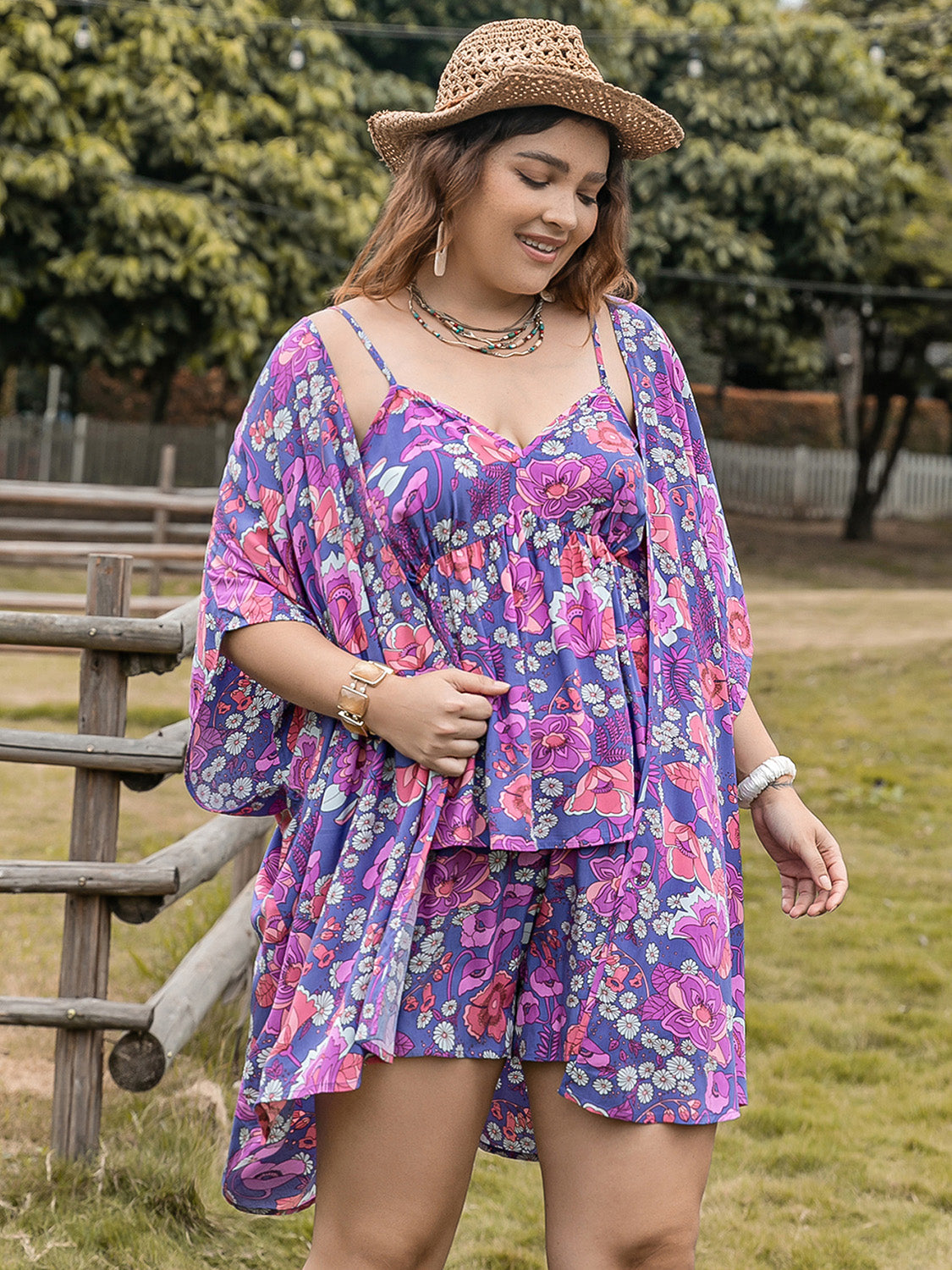 Plus Size Printed Cami, Open Front Cover Up and Shorts Set Trandify deal