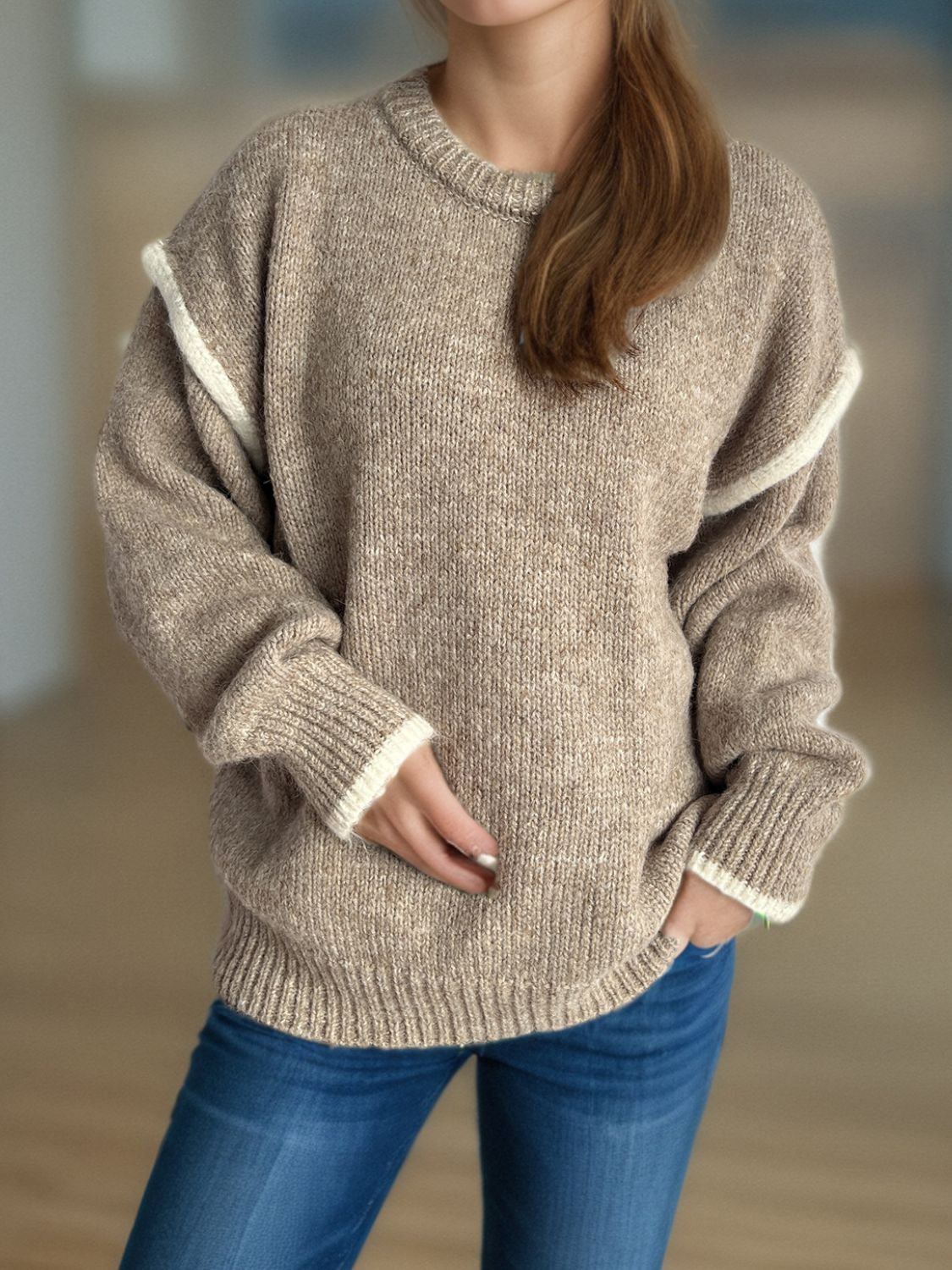Contrast Trim Round Neck Dropped Shoulder Sweater Trandify Deal