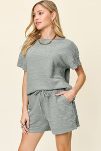 Double Take Full Size Texture Short Sleeve T-Shirt and Drawstring Shorts Set - Trandify Deal