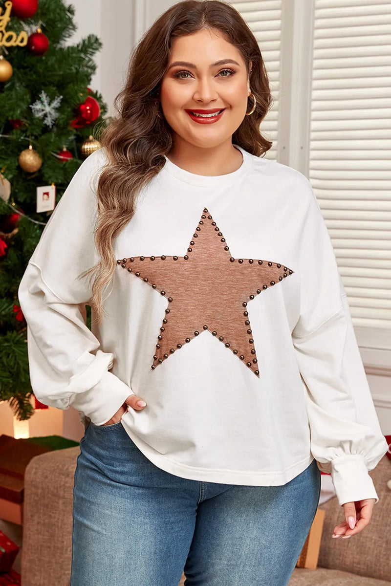 Plus Size Studded Star Round Neck Long Sleeve Blouse Trandify Deal