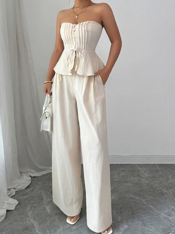 Sexy Summer Two-Piece Set for Women – Sweetheart Neck Crop Top & Lounge Pants