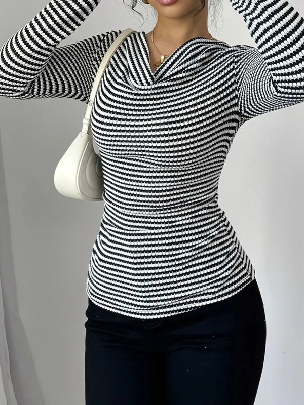 Fashionable Striped T-Shirt with Cowl Neck – Best Casual Women’s Top for Layering