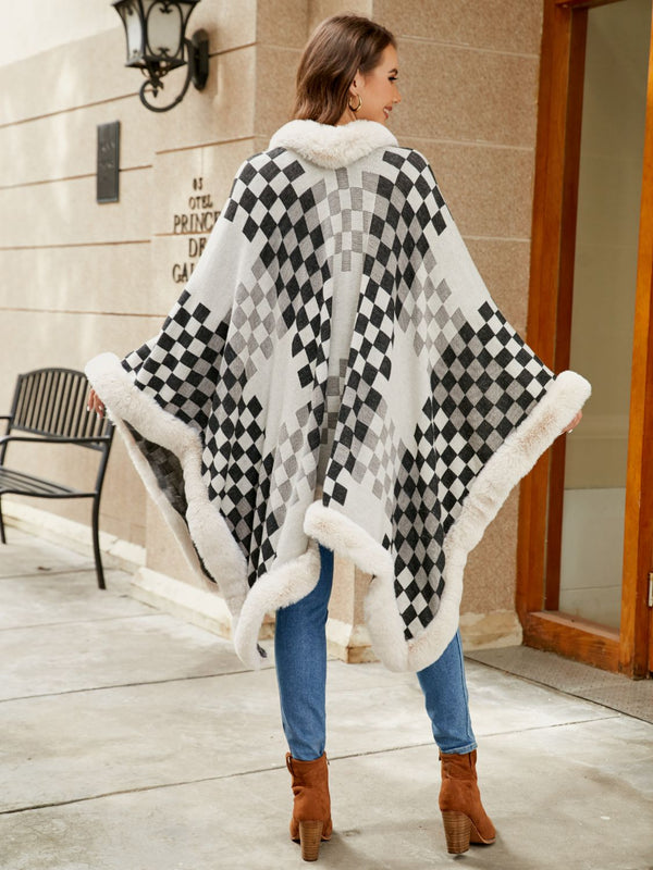 Cozy Checkered Poncho with Faux Fur Trim - TrandifyDeal