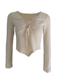 Women’s ruched drawstring ribbed long sleeve top in beige, styled with jeans for casual fall outfit