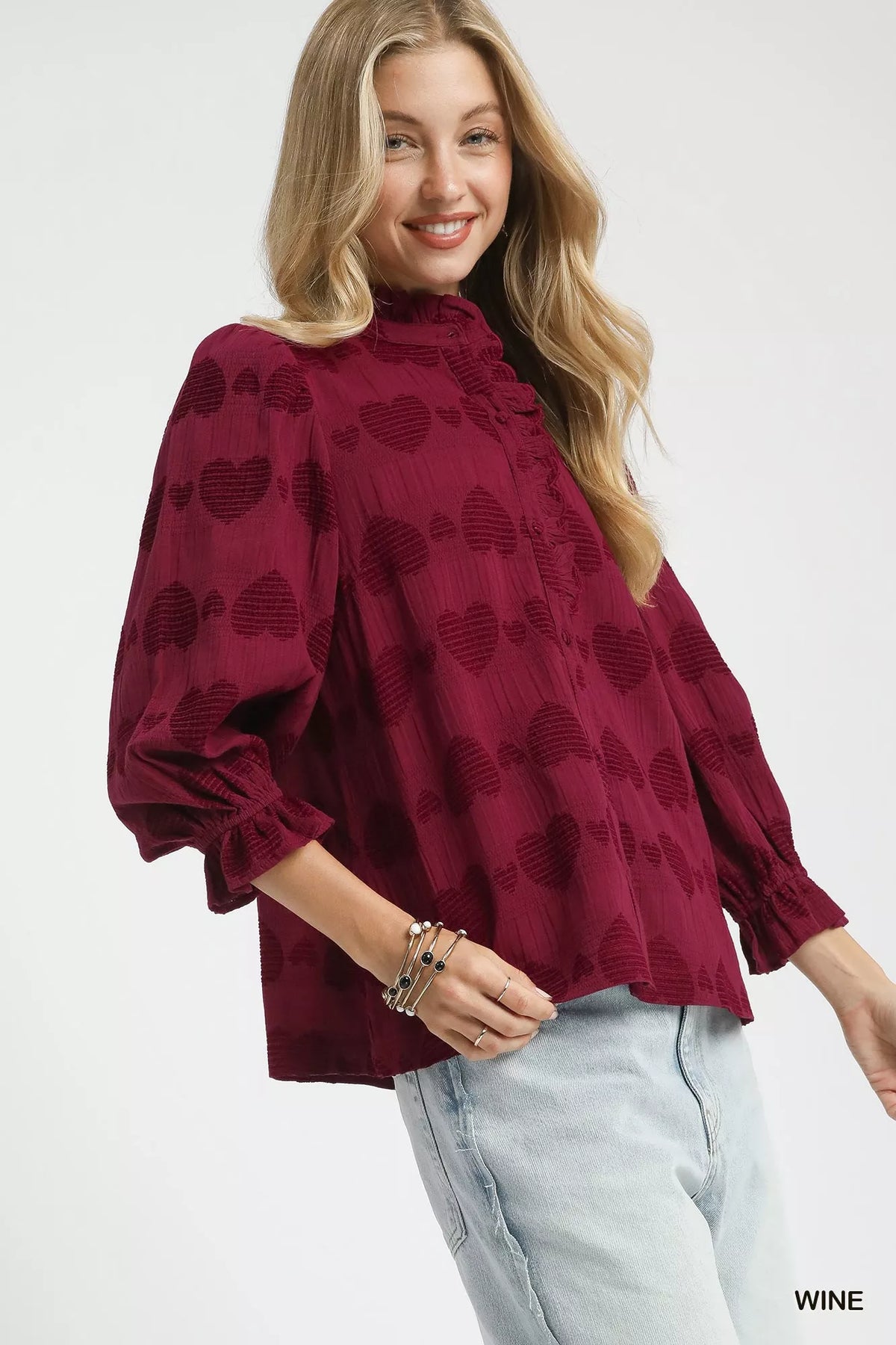 Umgee women's Wine ruffle trim cotton shirt front view