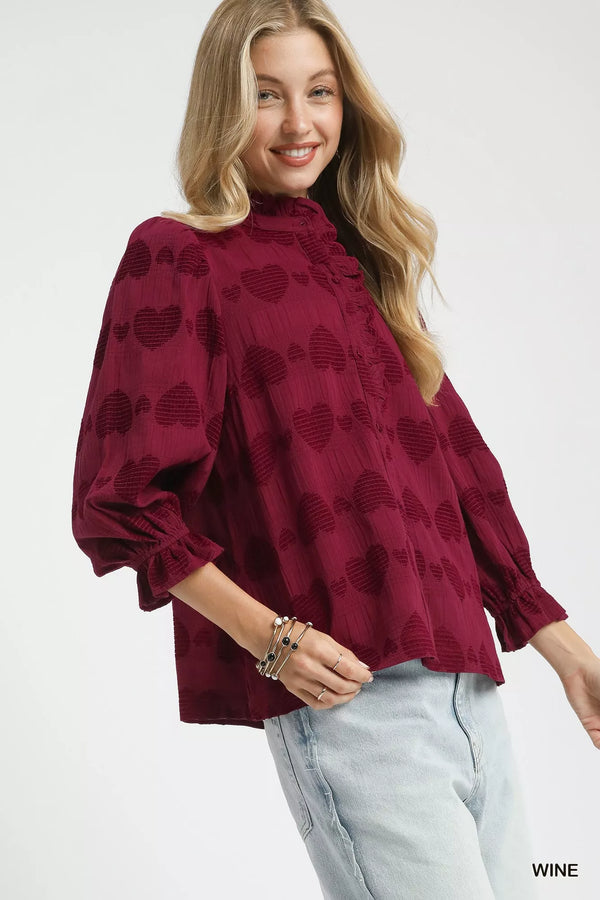 Umgee women's Wine ruffle trim cotton shirt front view