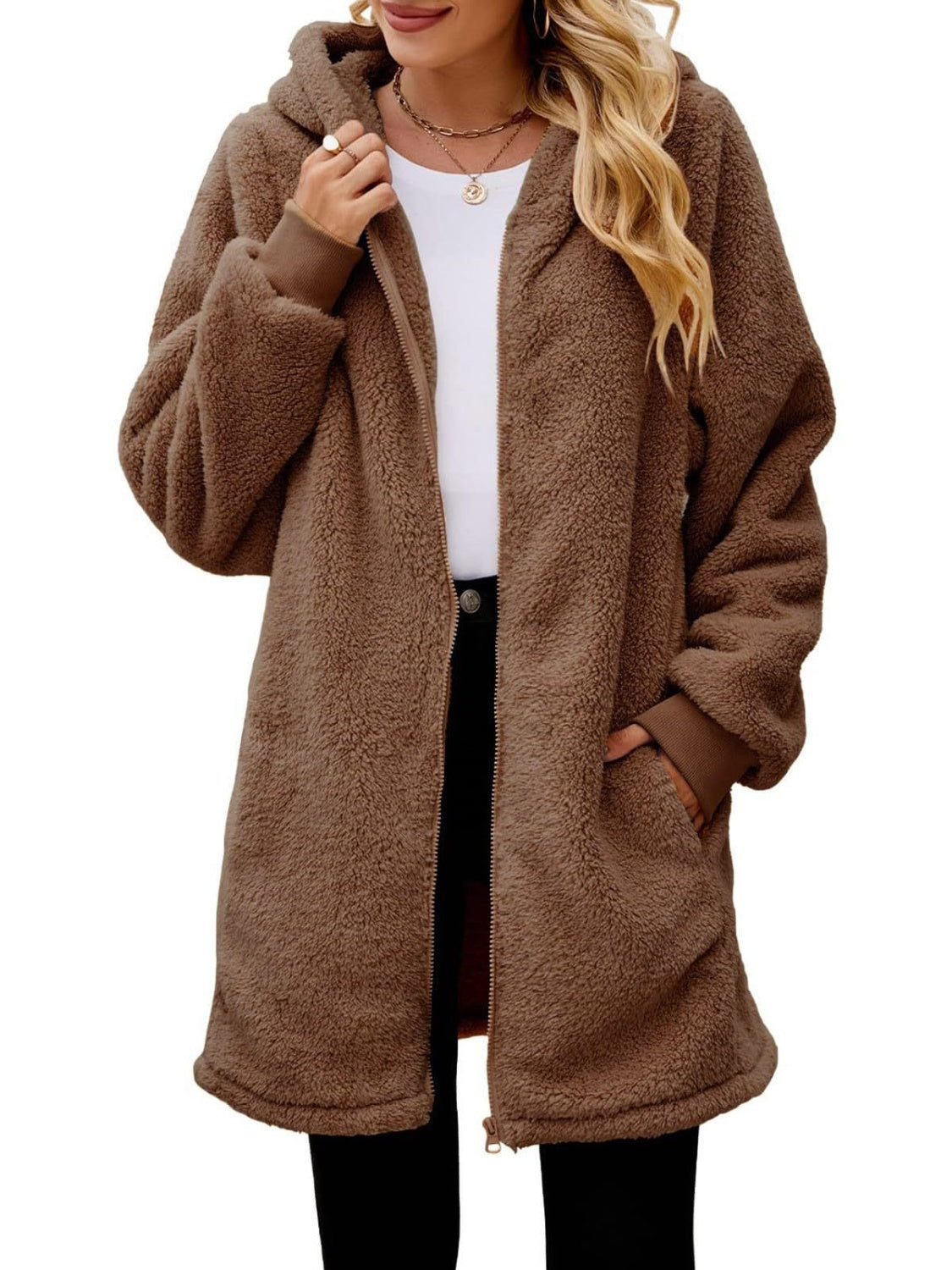 Fuzzy Pocketed Zip Up Long Sleeve Hooded Jacket Trandify Deal