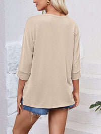 Lovelet Textured Round Neck Three-Quarter Sleeve Blouse Trandify deal