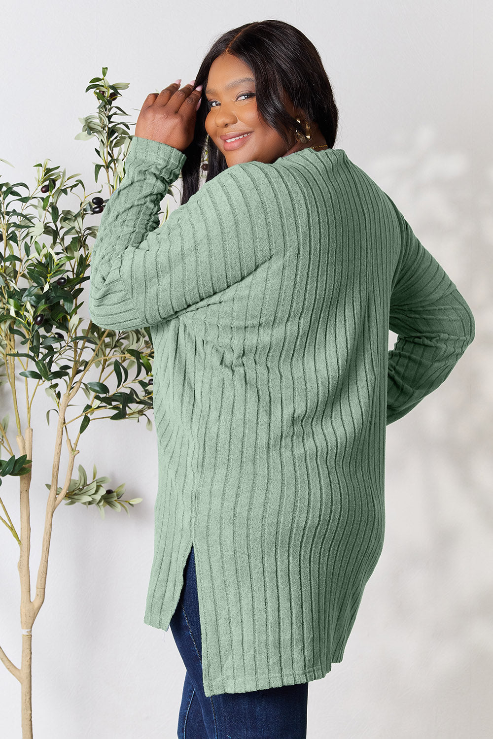 Basic Bae Full Size Ribbed Round Neck Long Sleeve Slit Top Trandify Deal