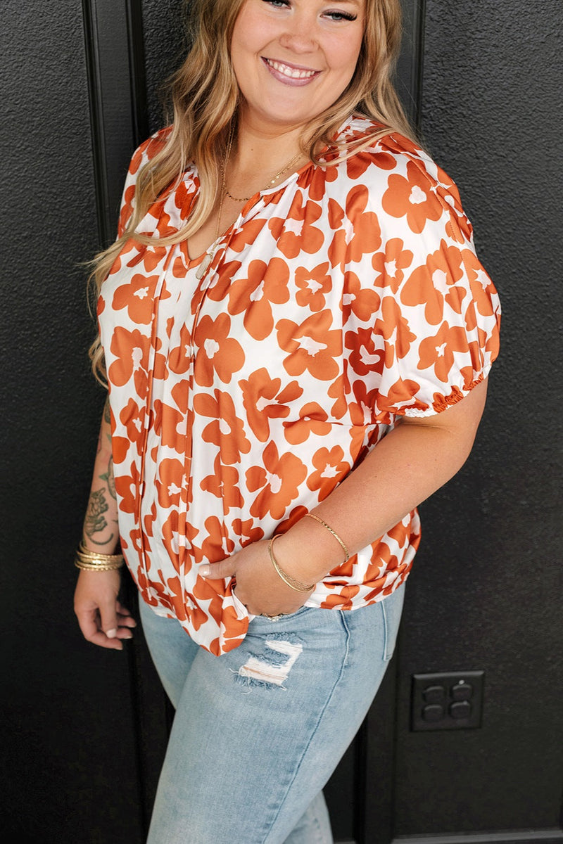 Plus Size Printed Tie Neck Short Sleeve Blouse Trandify deal