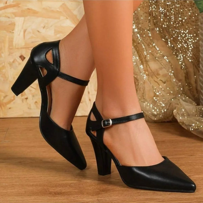 Women's Pointed Toe Block Heel Pumps in Black - Mid Heel Dress Shoes