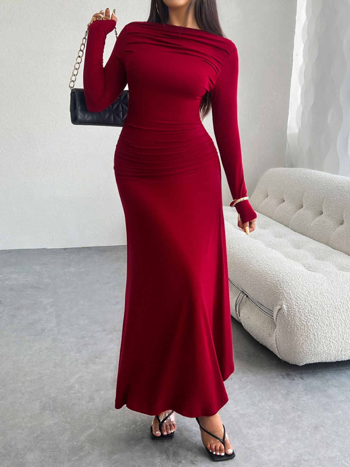 Devine Ruched Long Sleeve Maxi Dress Trandify Deal