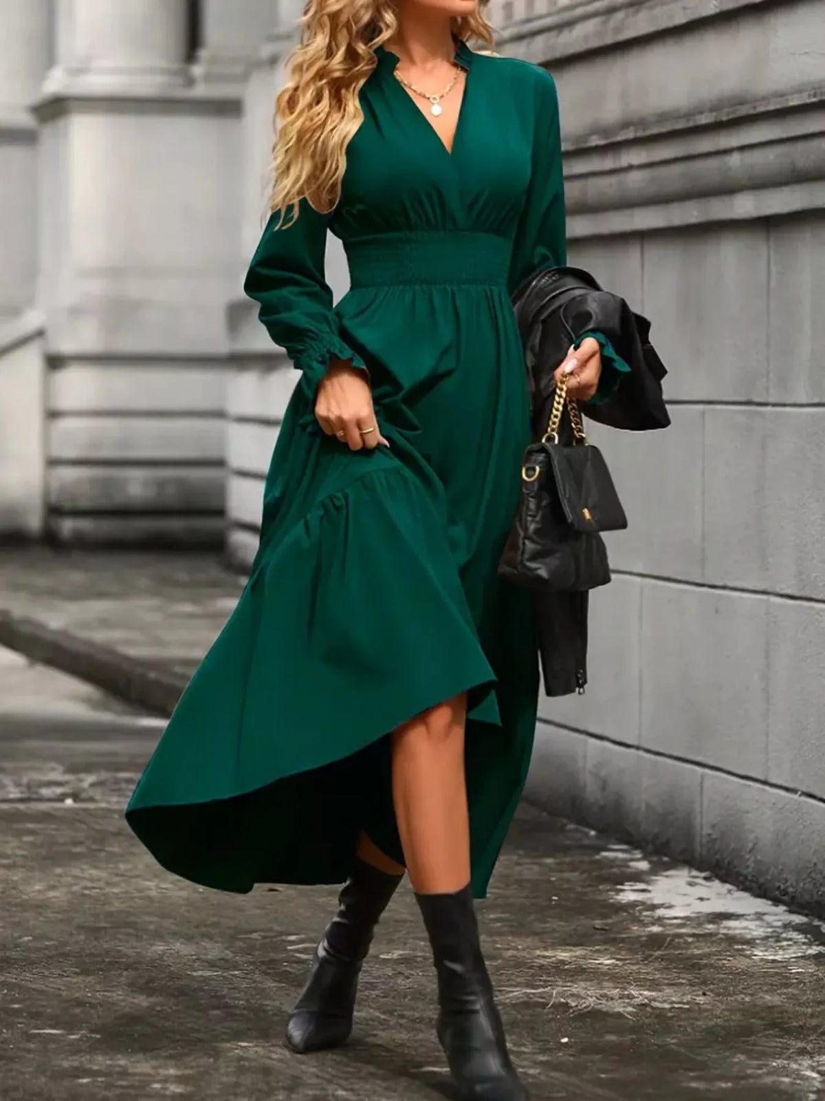 Ruched Midi Dress Long Sleeve Tiered Bodycon - Regular & Plus Size