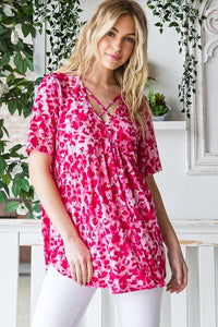 Plus Size Animal Print Babydoll Top – Crisscross Neck Short Sleeve Blouse for Women