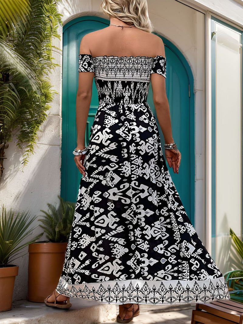 Perfee Slit Printed Off-Shoulder Dress Trandify deal