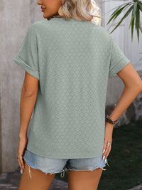 Mandy Eyelet Notched Short Sleeve T-Shirt Trandify deal