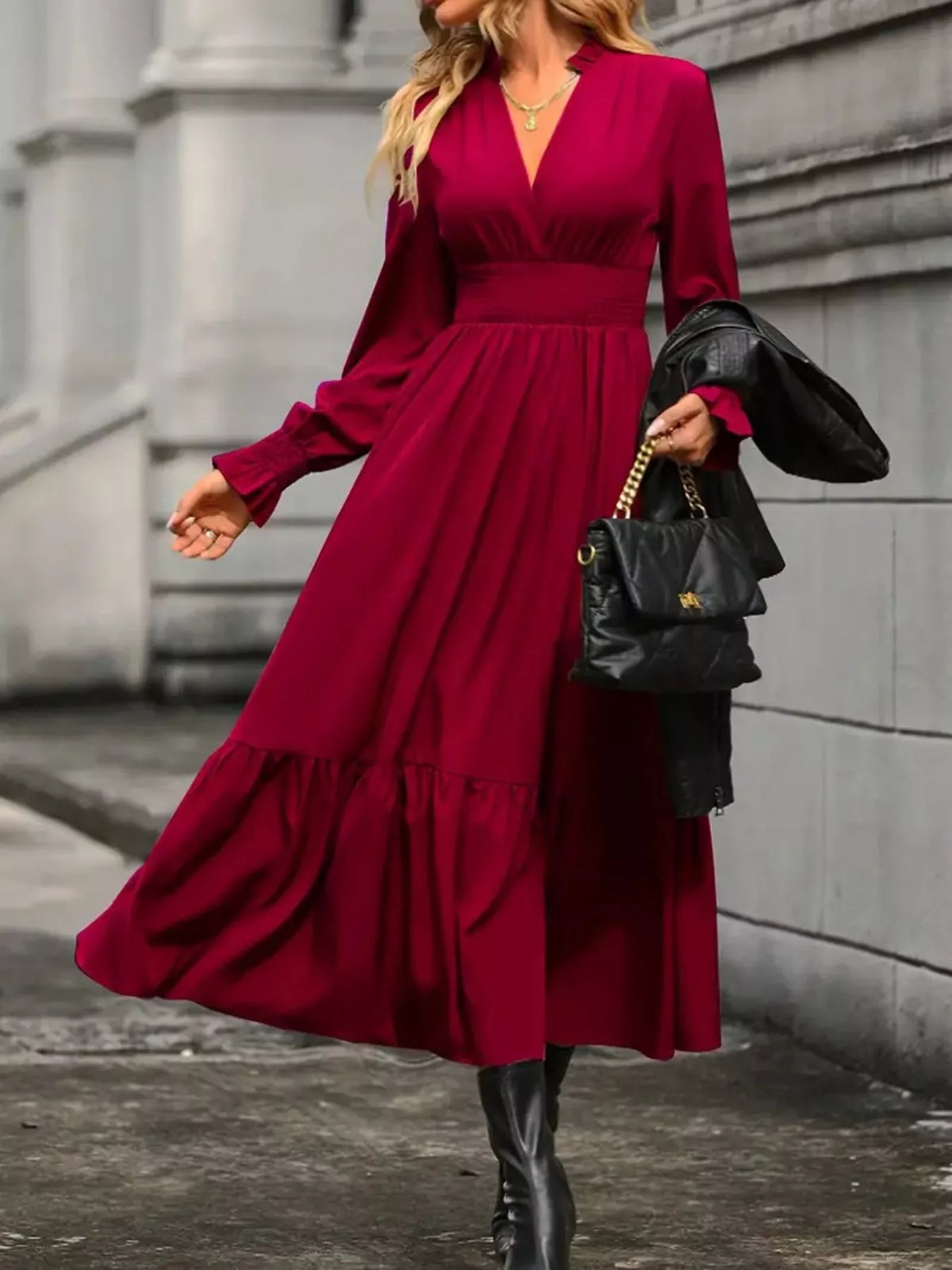 Ruched Midi Dress Long Sleeve Tiered Bodycon - Regular & Plus Size