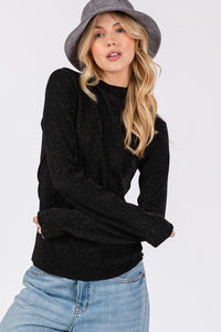 SAGE + FIG Glitter Mock Neck Lettuce Hem Long Sleeve Top Trandify Deal